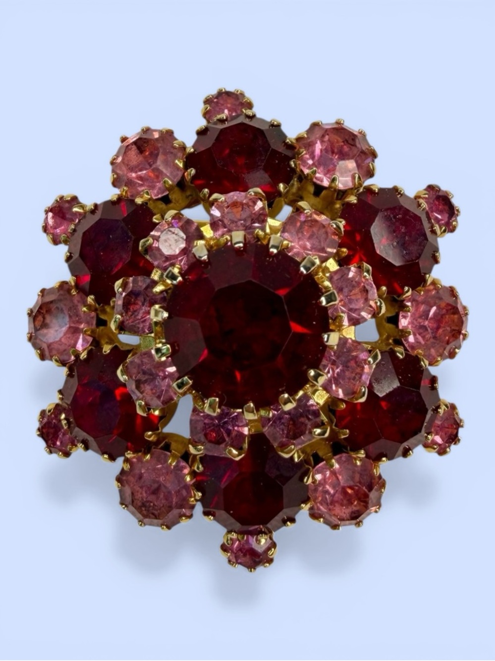 VTG Estate Brooch Deep Ruby Red Pink‎ Rhinestones Prong Set Round Domed Designer